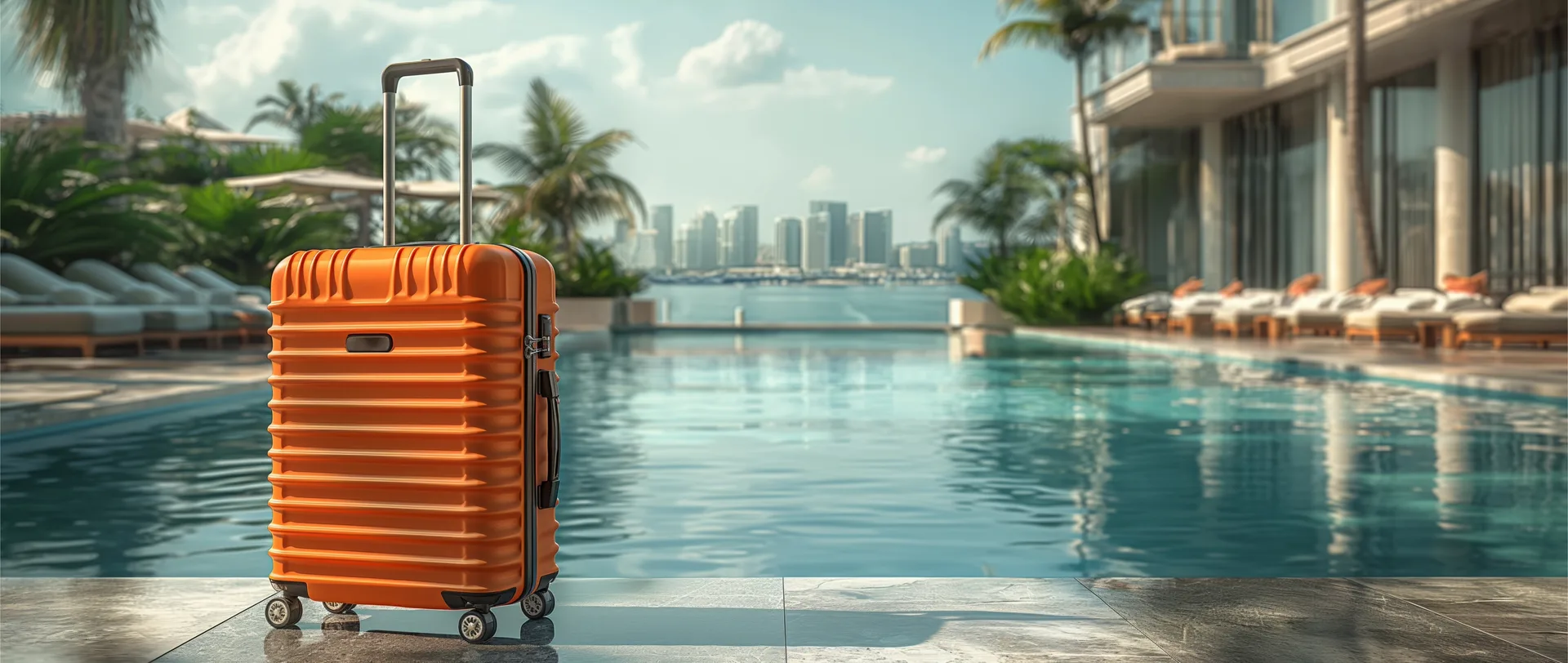 Orange suitcase by a luxury hotel pool with city skyline