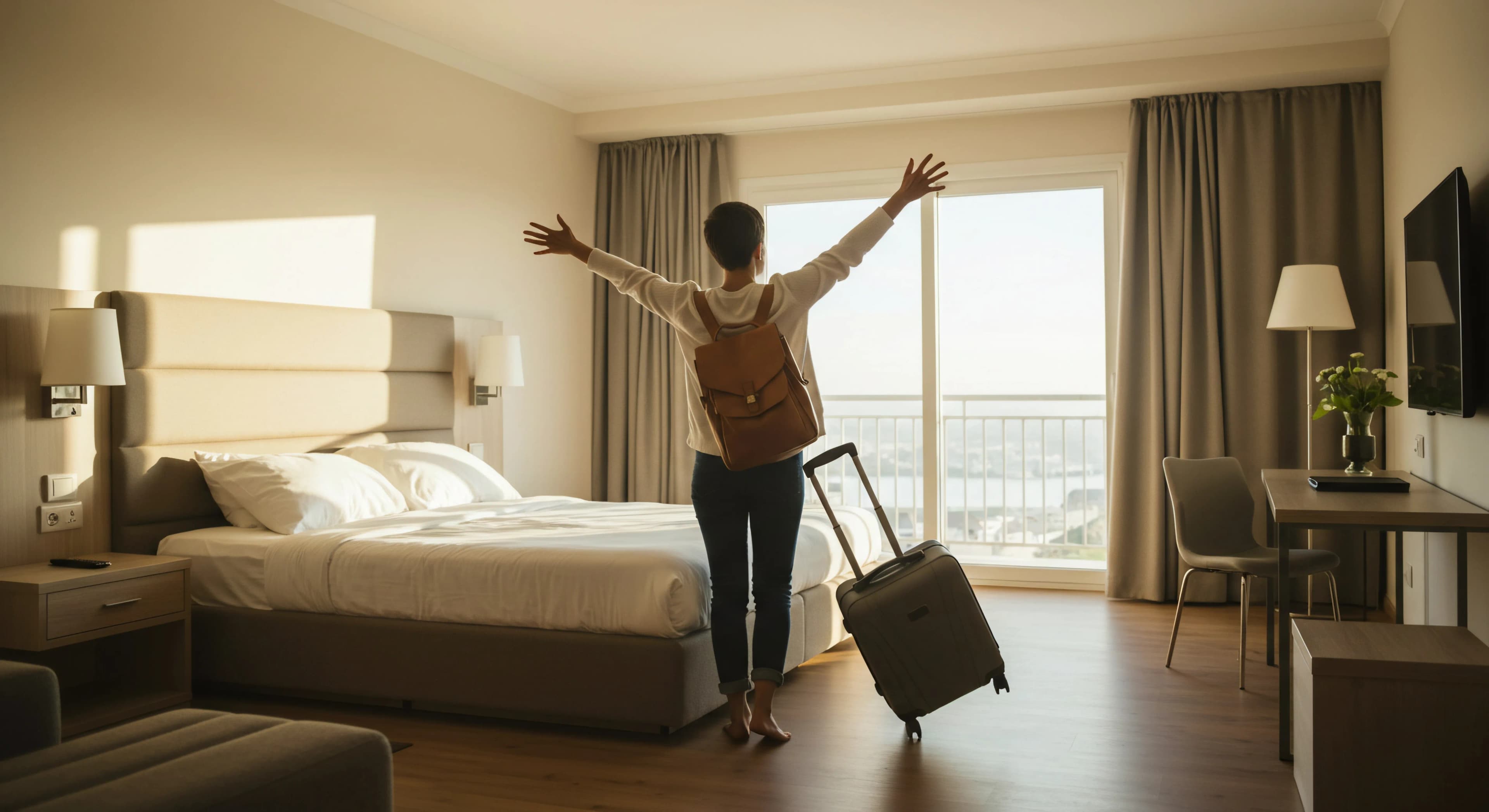 Woman arriving at hotel room with suitcases